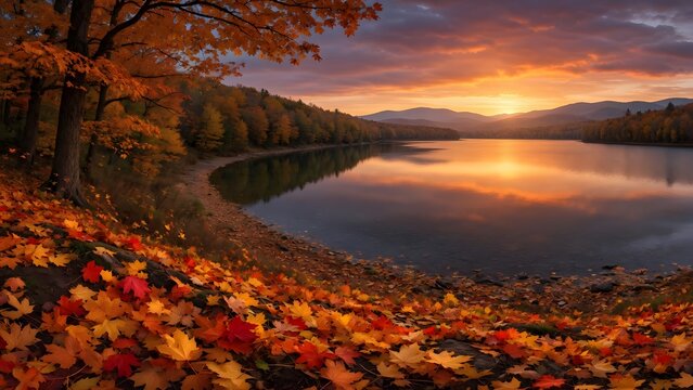 Autumn landscape where brilliant foliage covers the ground beside an expansive lake illuminated by sunset, Environment: broad natural valley containing crystal-clear water bordered by mature autumn fo