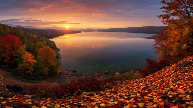 Autumn landscape where brilliant foliage covers the ground beside an expansive lake illuminated by sunset, Environment: broad natural valley containing crystal-clear water bordered by mature autumn fo