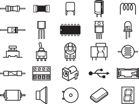 A collage of electronic component symbols, showcasing resistors, capacitors, transistors, integrated circuits, switches, and other essential parts for circuit design and repair.