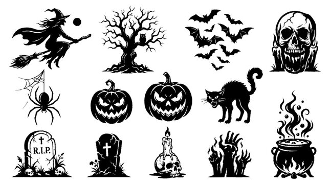 Set of halloween themed black silhouette icons featuring spooky characters and seasonal symbols for holiday design with skull cauldron bats