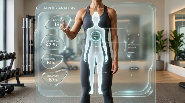 Person interacting with holographic AI body analysis interface displaying fitness metrics in gym