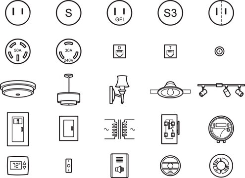 A collection of electrical components and symbols for electrical installation and design, including outlets, switches, circuit breakers, and light fixtures, presented in a clear, organized.