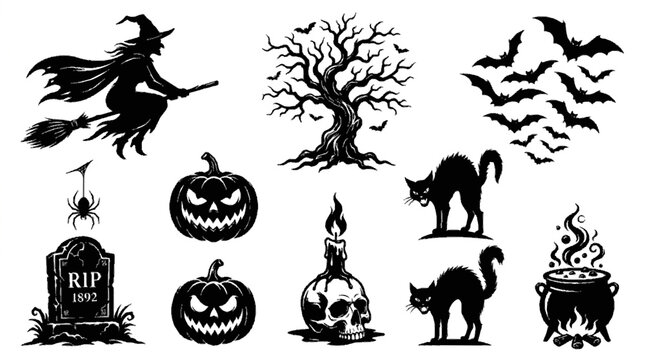 Collection of detailed halloween themed silhouette icons for seasonal graphic design projects with silhouettes with high contrast black