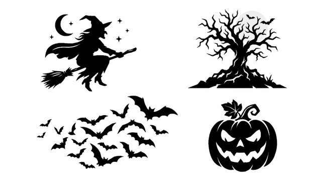 Halloween holiday decorative icon set featuring witch flying broomstick spooky tree bats and carved jack o lantern pumpkin with bare tree