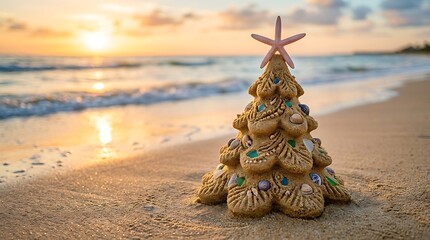 Fototapeta premium A creative sand sculpture of a christmas tree decorated with seashells and sea glass, topped with a starfish on a sandy beach at sunset