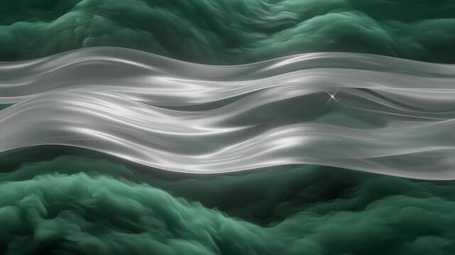 Abstract silver waves flow across a deep emerald mist background, creating a fluid atmospheric concept for modern design