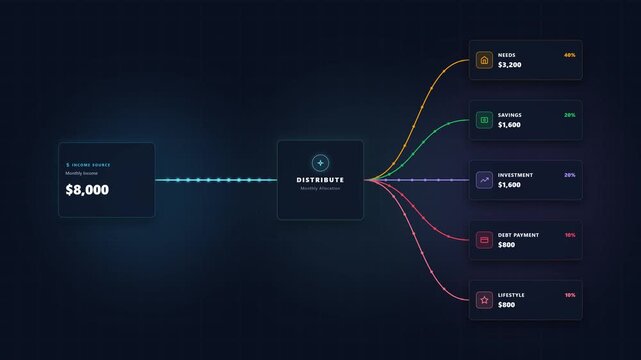 Budget distribution infographic showing income pie transformation into expense categories like savings and housing on a dark digital interface