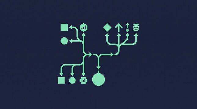 Data flow chart with mint green icons on dark navy background illustrates information architecture software logic and complex system mapping for technology.