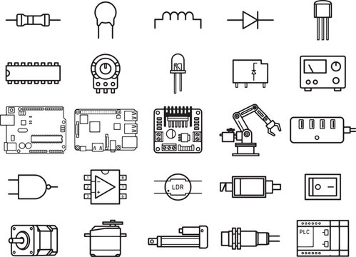 Electronic Components Montage: A comprehensive array of electronic circuit components, schematics, and robotic parts, presented in a clean, technical line-art style.