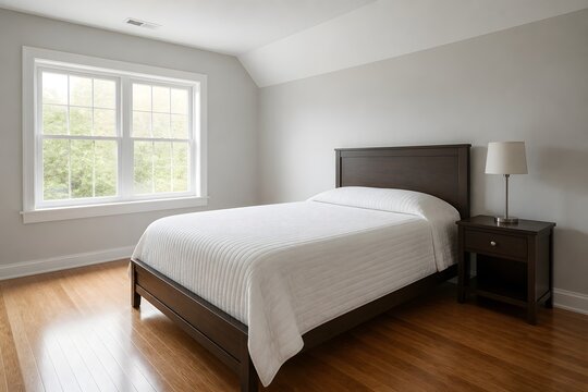 Bright minimalist bedroom with a neatly made single bed