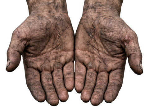 Close up of two open dirty hands showing rough skin with wrinkles and stains