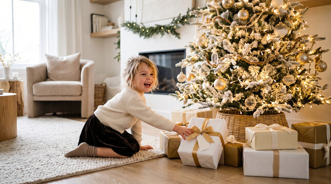 Joyful young girl reaching for Christmas presents under a decorated tree