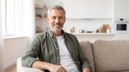 Obraz premium portrait of happy smiling middle aged mature senior 50 years old bearded man wearing green shirt sitting on couch at home interior looking at camera relaxing on sofa in modern