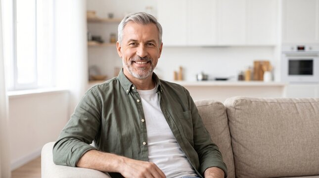 portrait of happy smiling middle aged mature senior 50 years old bearded man wearing green shirt sitting on couch at home interior looking at camera relaxing on sofa in modern