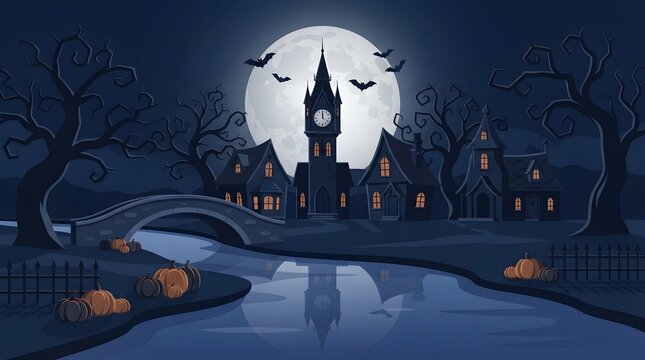 Creepy halloween town with clock tower river bridge full moon flying bats at night, halloween