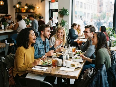 Diverse Group of Happy Friends Enjoying a Lively Lunch Conversation in a Bright Modern Urban Cafe Setting