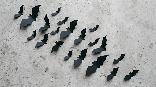 A dark and spooky halloween background featuring a flock of black bats flying across a textured grey surface creating a mysterious and festive holiday atmosphere