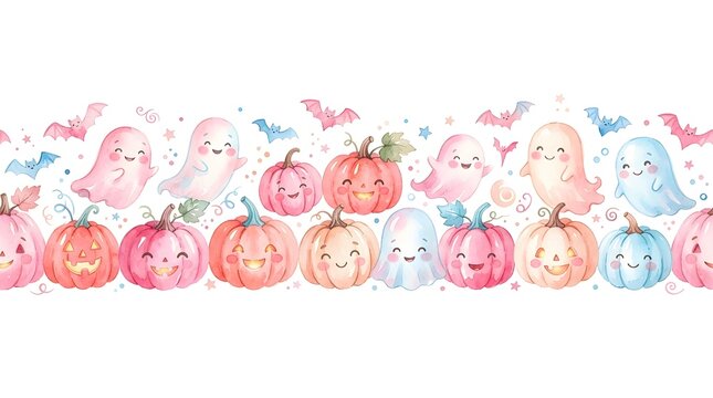 A festive watercolor halloween background featuring cute smiling pumpkins and friendly ghosts arranged in a horizontal border pattern on a clean and simple white background
