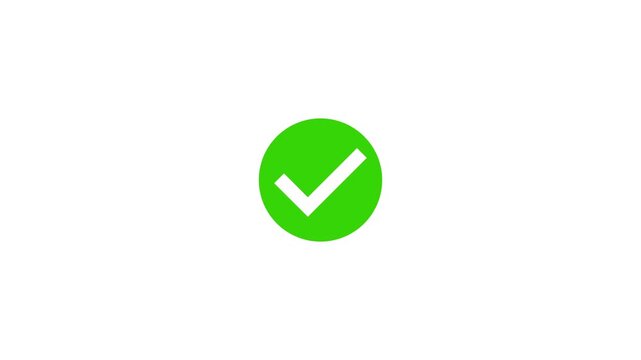 Green checkmark animation on white background. Tick mark animation, success approval correct sign intro template.