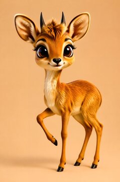 Cute cartoon dik-dik antelope character with big eyes on a solid beige background.