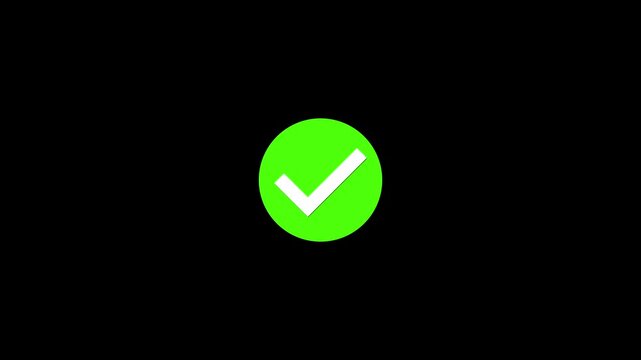 Green checkmark animation on black background. Tick mark animation, success approval correct sign intro template.