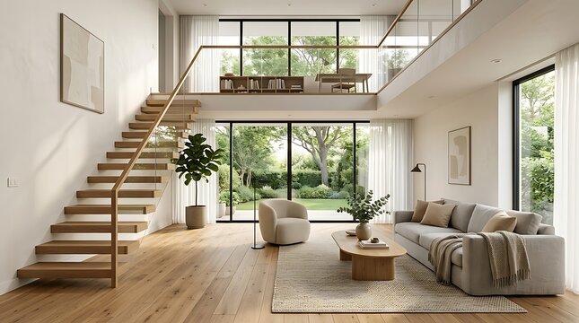 Bright Contemporary Living Room Featuring A Wooden Floating Staircase And A Spacious Mezzanine Level Overlooking A Lush Green Garden