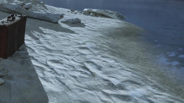 Footprints are visible on the soft sand close to the water. A suitcase rests nearby on the shore. The scene takes place in a remote area on a clear day.