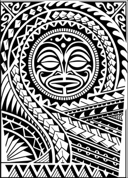 Polynesian tribal tiki mask pattern background vector illustration with traditional ornaments