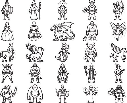 Fantasy Creatures Collection: A collection of line art illustrations depicting a variety of mythical and fantasy creatures, including a dragon, griffin, centaur, mermaid, and various humanoids.