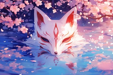 Naklejka premium Traditional Japanese kitsune fox mask reflecting in water under blooming cherry blossoms. Concept for spring festival card, Asian fantasy background, elegant mystical folklore digital illustration