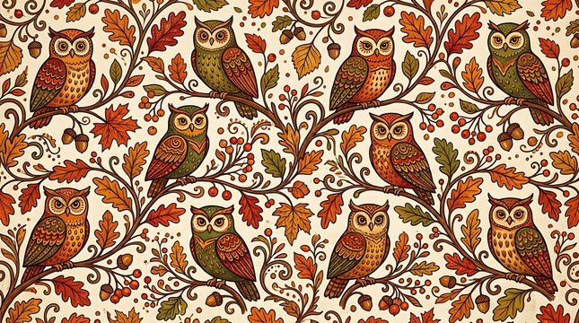 Handcrafted folk art owls and autumn leaves seamless pattern in warm rustic tones for design projects