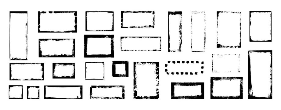 Vector collection of grunge rectangle frames, distressed borders, rough edges, and textured ink stroke box templates isolated on white background for vintage design projects.