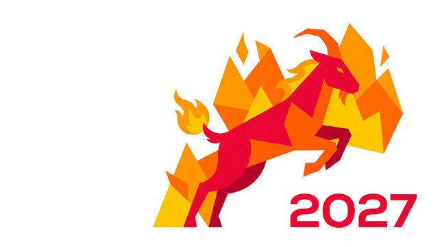 Modern flat vector illustration of a stylized red fire goat leaping over abstract geometric flames with bold 2027 typography on a white background for corporate business designs.