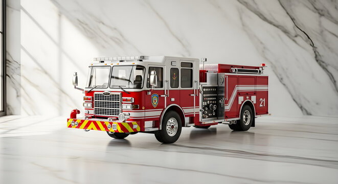 Modern Red and White Fire Truck Studio Shot on Marble Floor