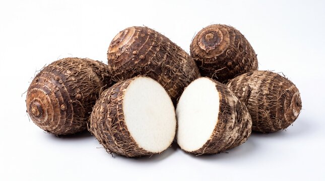 Fresh whole and sliced raw taro root vegetables arranged for healthy cooking inside a clean bright studio on white background