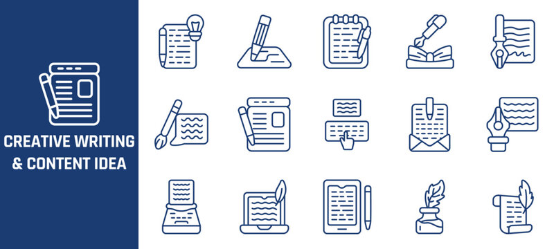 Creative writing icons, content idea line art set, 15 blogging and journalism vector symbols
