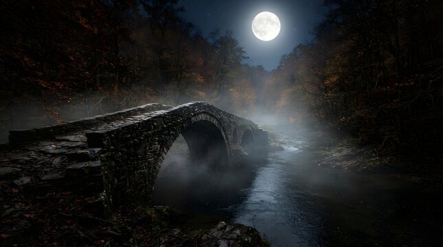 Stone bridge pathway through foggy forest landscape illuminated by bright full moon with landscape