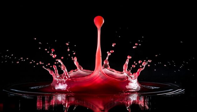 a vibrant red liquid splash forming a crown shape with a central rising droplet isolated on a black background showing fluid dynamics