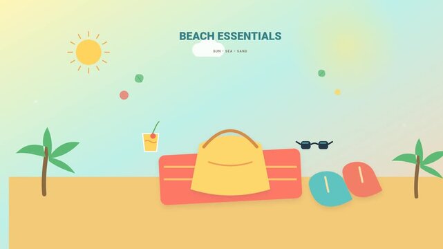 Beach essentials laid out on sand with palm trees and sun, representing summer vacation and relaxation