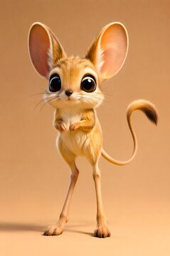 Cute cartoon jerboa character with big eyes standing on a plain light brown background.