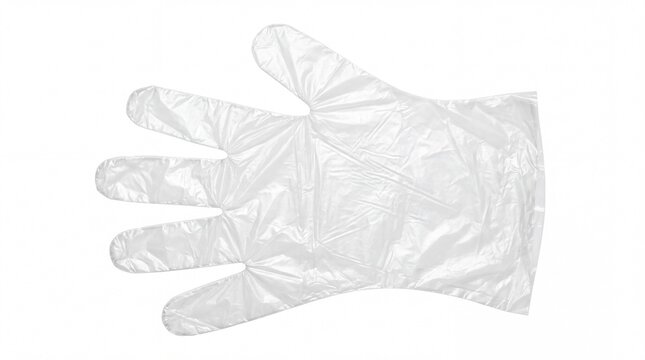 Transparent disposable plastic glove used for food preparation and medical hygiene protection shown from a top view on white background