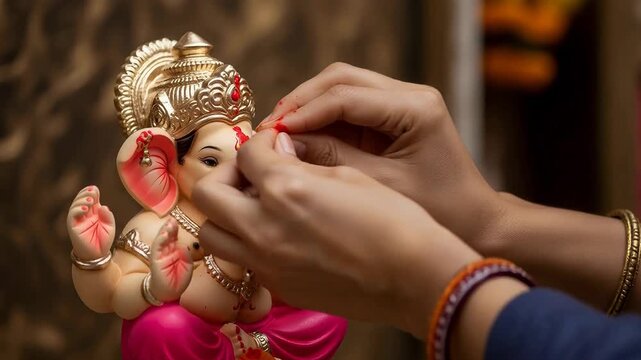 Woman applying red tilak on Ganesha idol face. Ritual celebration of Ganesh Chaturthi festival. Devotee performing pooja ceremony with devotion and spirituality.