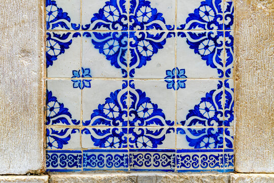 Antique tiles decorating the fa&ccedil;ade of a historic colonial house in Sao Luis, Maranhao.