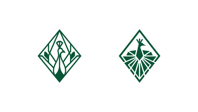 Stylized geometric peacock and phoenix bird logos in elegant green, designed within diamond shapes to convey grace and mythical concepts, perfect for brand identity