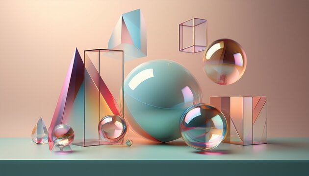 floating geometric shapes including a glass sphere cone torus cube and hemisphere in pastel colors against a soft neutral background