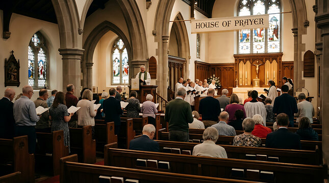 Congregation Attending Church Service in Historic Building.