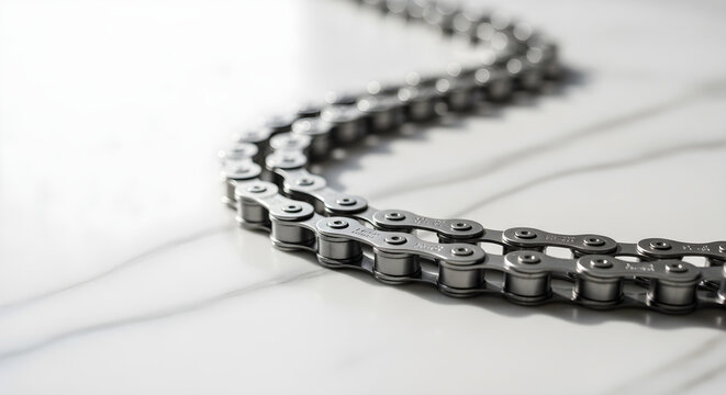 Metallic bicycle chain in a wavy pattern on a white background close up