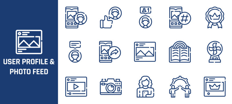 Social media user profile and photo feed icons, blue outline interface symbols, 15 vector elements