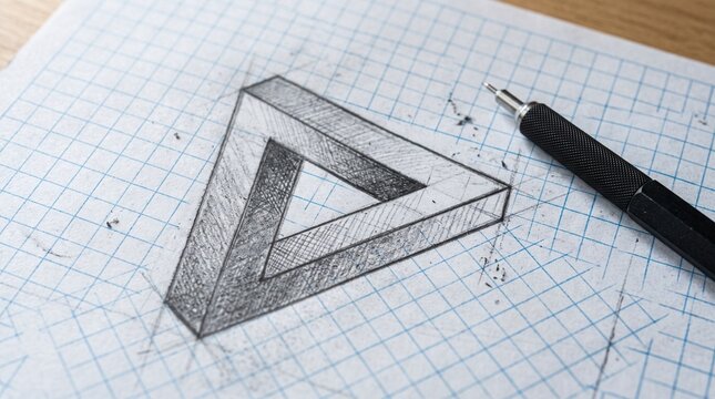Graphite pencil drawing of a Penrose triangle on blue grid paper with a mechanical pencil.