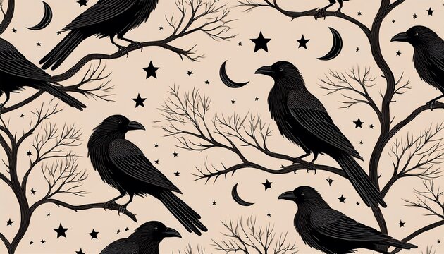 seamless pattern featuring black silhouettes of crows perched on bare tree branches with crescent moons and stars on a light beige background